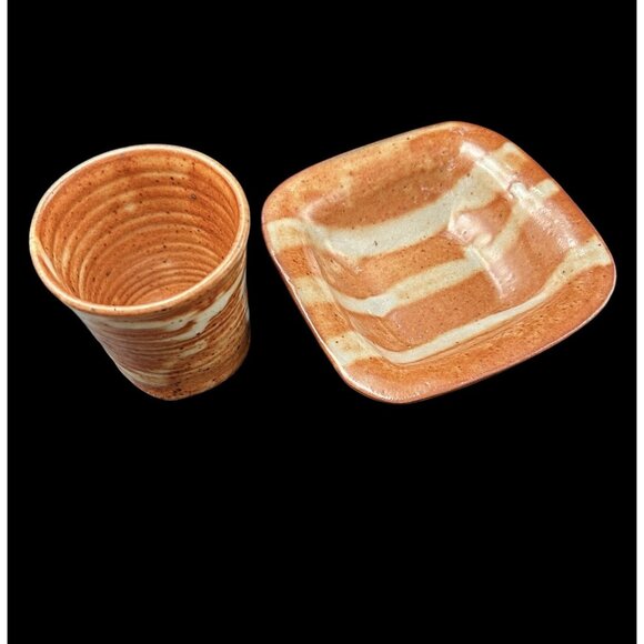Set of 2 Vintage Hand Thrown Stoneware Art Pottery Soap Dish & Cup Speckled - Picture 1 of 13